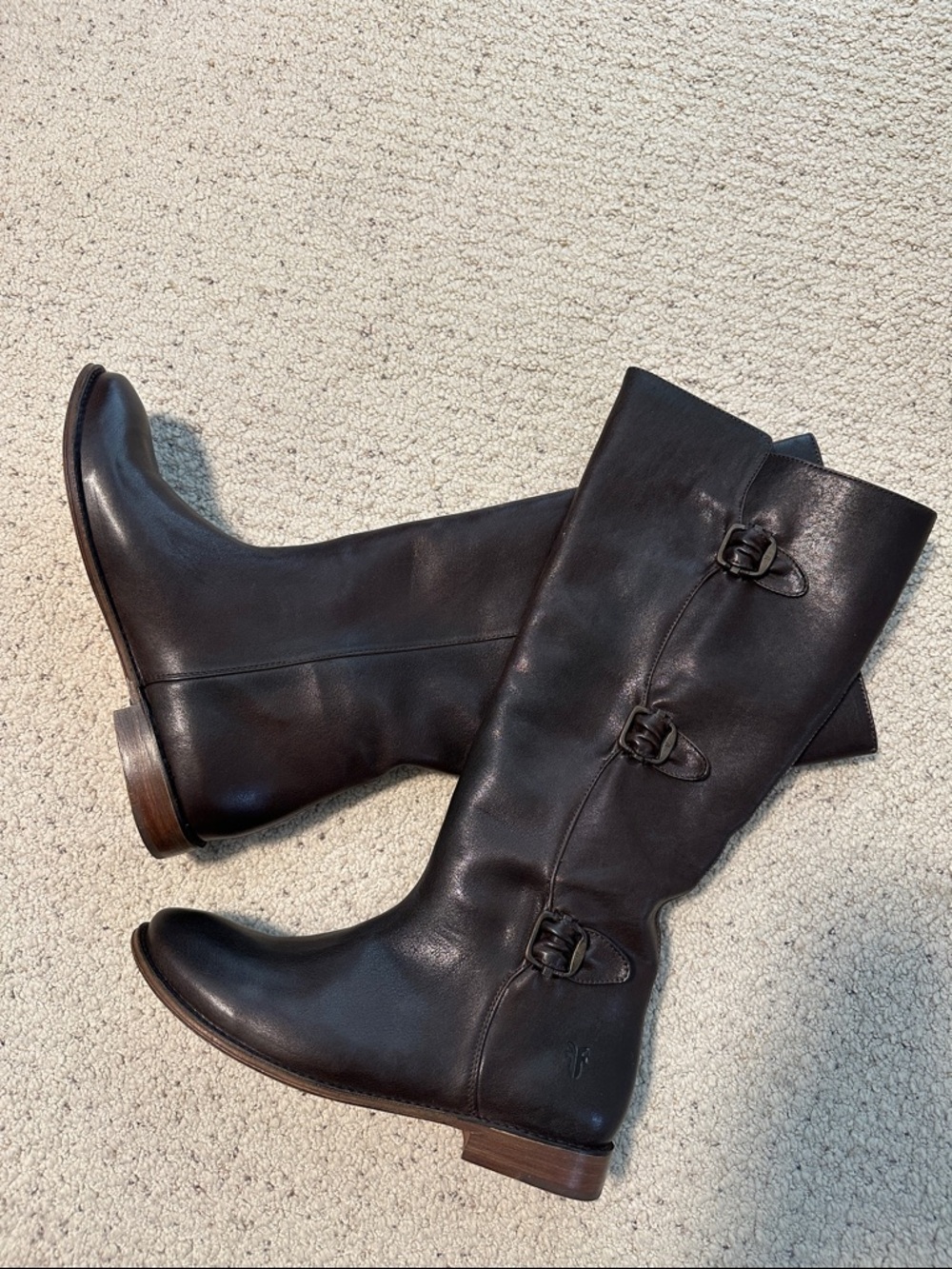 New Frye Dark Brown Paige Buckles Leather Boots